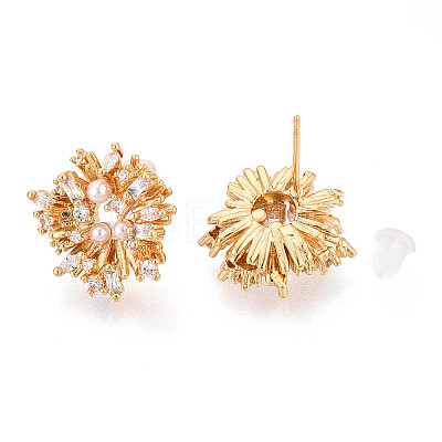 Flower Brass Micro Pave Clear Cubic Zirconia Stud Earrings EJEW-N062-02G-1