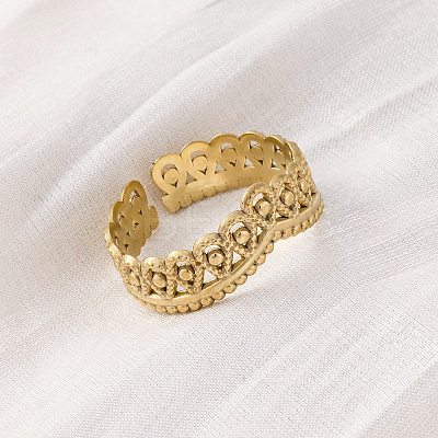 Crown 304 Stainless Steel Open Cuff Ring for Women LS-RJEW-Z083-03G-05-1