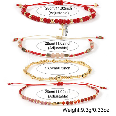 4Pcs 4 Styles Adjustable Natural Mixed Gemstone & Glass Beads Braided Bracelet VI8109-1-1