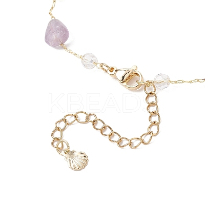 Brass Handmade Natural Amethyst Nuggets Link Chain Alloy Enamel Whale Tail Pendant Anklets for Women AJEW-AN00709-03-1