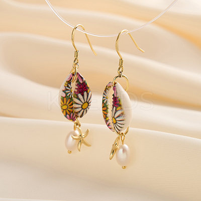 925 Sterling Silver Shell Shape with Starfish Dangle Earrings EJEW-M096-02G-1