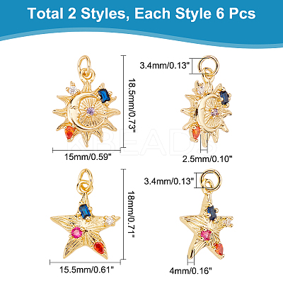 12Pcs 2 Style Brass Micro Pave Colorful Cubic Zirconia Pendants KK-DC0001-75-1