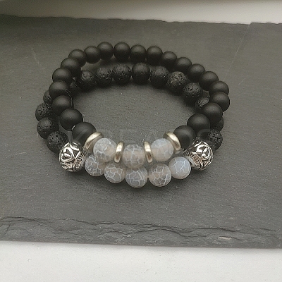 Natural Lava Rock & Frosted Stone Round Beads Stretch Bracelet Set Women DF9720-8-1