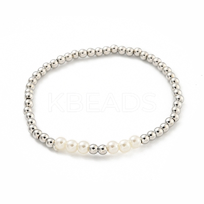 Brass & ABS Plastic Imitation Pearl Round Beaded Stretch Bracelets for Women BJEW-G704-02P-1