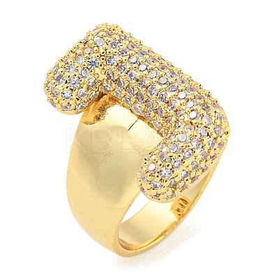 Brass Micro Pave Clear Cubic Zirconia Letter Open Cuff Ring for Women RJEW-M173-01G-J-1