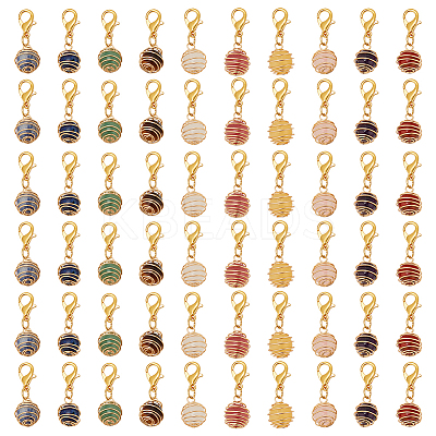 Copper Wired Wrapped Natural Gemstone Round Pendant Decorations HJEW-AB00711-1