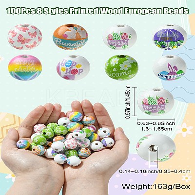 100Pcs 8 Styles Printed Wood European Beads WOOD-CJ0001-84-1