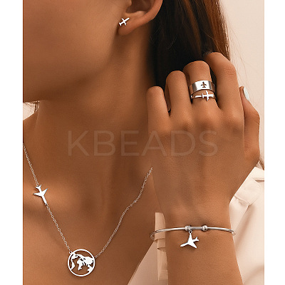 Airplane & Earth 201 Stainless Steel Pendant Necklace & Stud Earring & Cuff Ring & Cuff Bangle Sets FS-WG54043-02-1