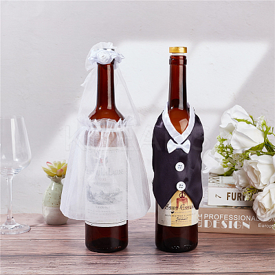 2 Sets Organza & Cloth Bride and Groom Wine Bottle Cover AJEW-CP0001-47-1