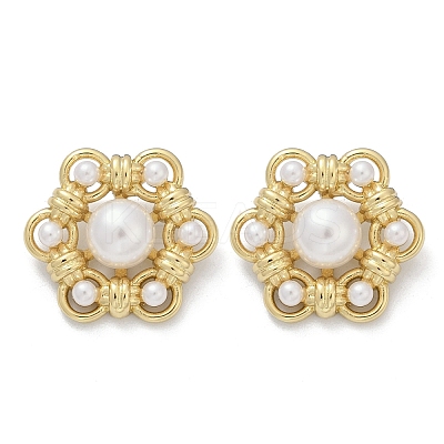 Flower Brass ABS Imitation Pearl Stud Earrings EJEW-M082-09G-1