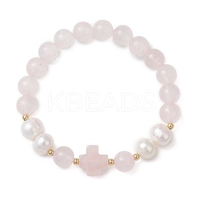 Natural Rose Quartz & Cultured Freshwater Pearl Round Beads Stretch Bracelets for Women BJEW-JB13086-02-1