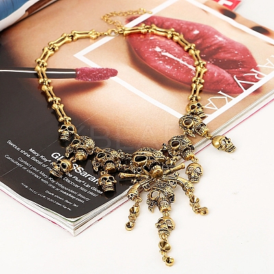 Halloween Themed Pirate Skull Alloy Bib Necklace for Women HAWE-PW0001-215AG-1