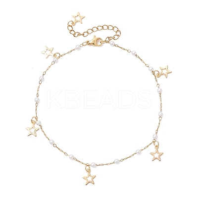 Round ABS Imitation Pearl Beads & 304 Stainless Steel Link Chain Tassel Anklets for Women AJEW-AN00738-03-1