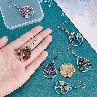 3 Pairs 3 Colors Teardrop with Tree of Life Dangle Earrings EJEW-UN0001-98-1