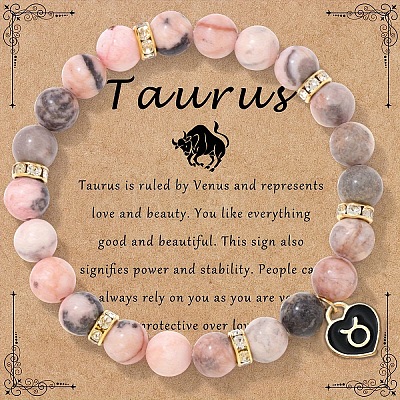 12 Constellations Natural Zebra Jasper Round Beaded with Enamel Heart Charm Bracelets WGB6967-04-1