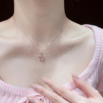Flat Round Brass Pave Natural Rose Quartz Pendant Necklaces for Women WG46560-01-1