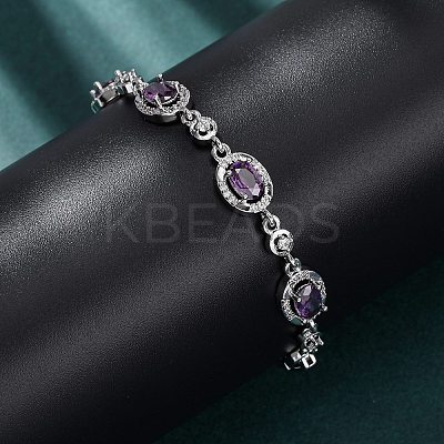Oval Brass Micro Pave Cubic Zirconia Link Chain Bracelets for Women BJEW-D387-04P-1