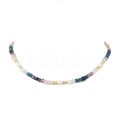 Natural Apatite & Aquamarine & Amethyst & Rose Quartz & Lapis Lazuli Faceted Cube and Pearl Beaded Necklaces NJEW-JN06302-1
