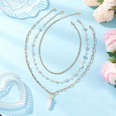 Natural Rose Quartz Double Terminated Pointed Bullet Pendant 304 Stainless Steel & Brass Chain 3 Layer Necklaces for Women NJEW-JN05477-04-1