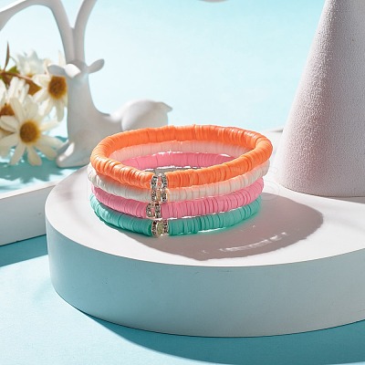 4Pcs 4 Colors Hanamade Polymer Clay Heishi Surfer Stretch Bracelets Set BJEW-JB07716-1