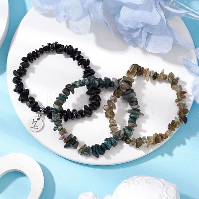 3Pcs 3 Styles Natural Labradorite & Obsidian & Moss Agate  Chips Stretch Bracelets Sets BJEW-JB11076-12-1