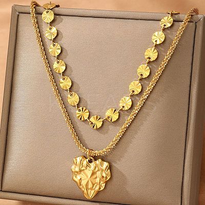 304 Stainless Steel Heart Pendant Flat Sequin Chain Double Layer Necklaces for Women LS-NJEW-F343-03G-1