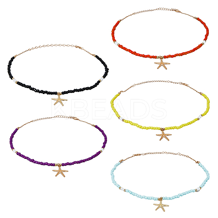 5Pcs 5 Colors Alloy Starfish Boho Pendant Necklaces Set with Glass Beaded Chains NJEW-FI0001-39-1