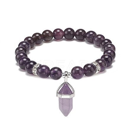 Natural Amethyst Round Beaded Stretch Bracelet with Bullet Charms BJEW-JB09018-04-1