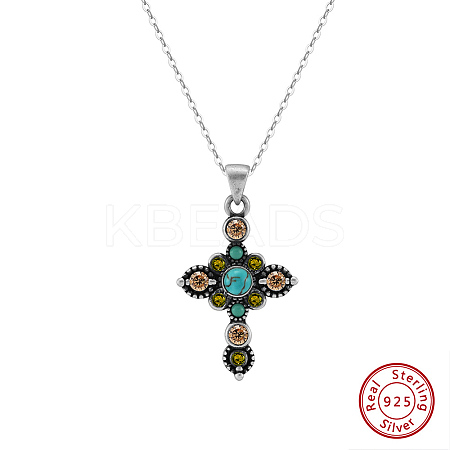 Natural Turquoise & Cubic Zirconia Cross Pendant Necklaces NJEW-L125-001ASP-1