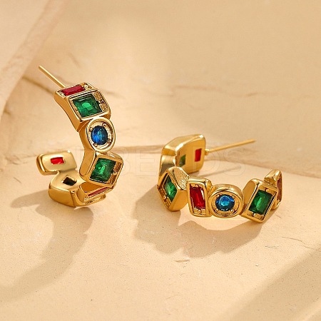 C-Shaped 304 Stainless Steel Cubic Zirconia Stud Earrings EJEW-C169-01G-1