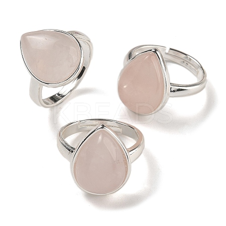 Natural Rose Quartz Teardrop Adjustable Rings RJEW-K371-08S-14-1