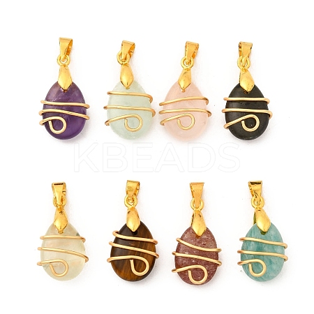 Copper Wire Wrapped Natural Labradorite & Amazonite & Aquamarine & Rose Quartz & Amethyst & Tiger Eye & Strawberry Quartz & Prehnite Pendants PALLOY-JF04064-01-1