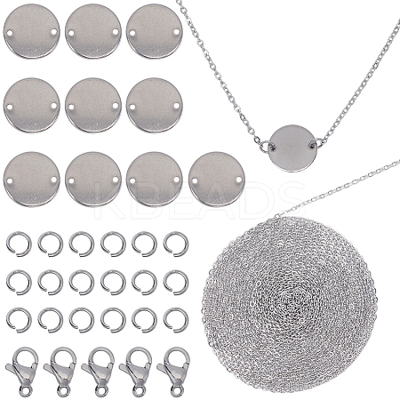 DIY 304 Stainless Steel Blank Flat Round Pendnat Necklace with Cable Chains Making Kit DIY-SC0024-15-1