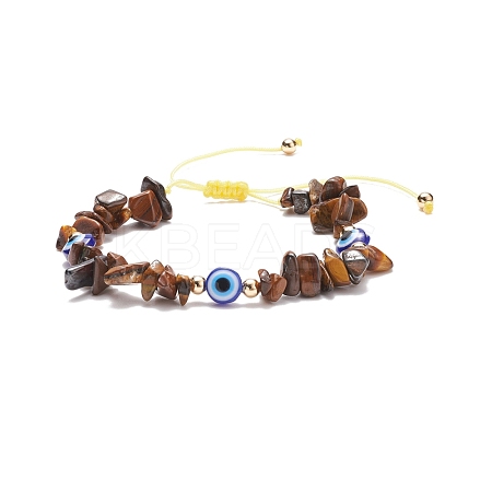 Natural Tiger Eye Chips & Resin Evil Eye Braided Bead Bracelet BJEW-JB08495-02-1