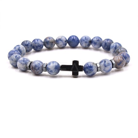 8MM Round Natural Blue Spot Jasper Beaded Stretch Bracelets with Synthetic Non-magnetic Hematite Cross FA1012-17-1