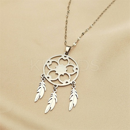 Non-Tarnish Woven Net/Web with Feather 201 Stainless Steel Boho Pendant Necklaces for Women NJEW-G087-04P-1