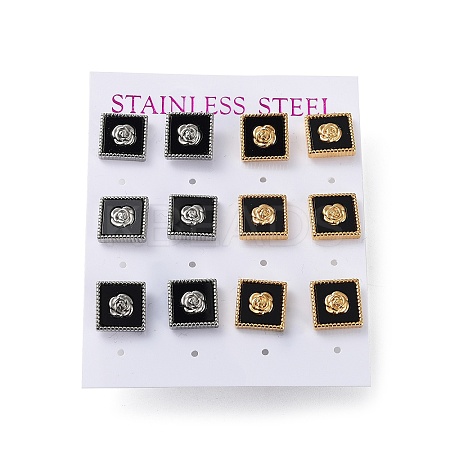 6 Pair 2 Color Square & Flower Acrylic Stud Earrings EJEW-A024-08-1