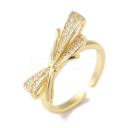 Bowknot Brass Micro Pave Clear Cubic Zirconia Open Cuff Rings for Women RJEW-C098-20G-1