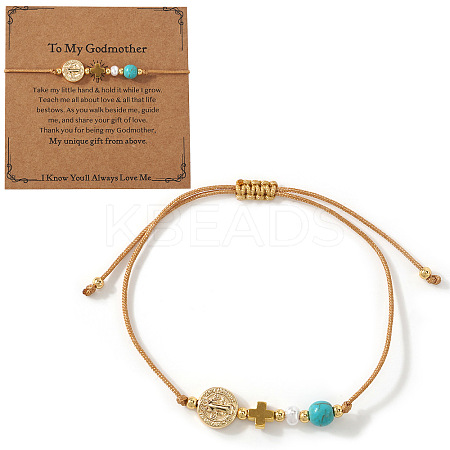 Brass Saint Benedict Medal Cross Synthetic Turquoise Beaded Braided Bracelets FP7792-2-1