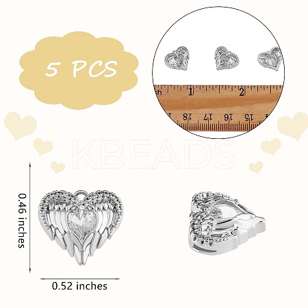 5 Pieces Angel Wing Love Heart Charm Pendant Heart Clear Cubic Zirconia Charm Copper Plating for Jewelry Necklace Earring Making Crafts JX382A-1