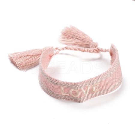 Word Love Polycotton(Polyester Cotton) Braided Bracelet with Tassel Charm BJEW-F429-07-1