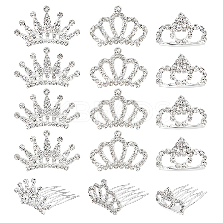 CHGCRAFT 15Pcs 3 Style Crown Alloy Rhinestones Hair Combs FIND-CA0005-94-1
