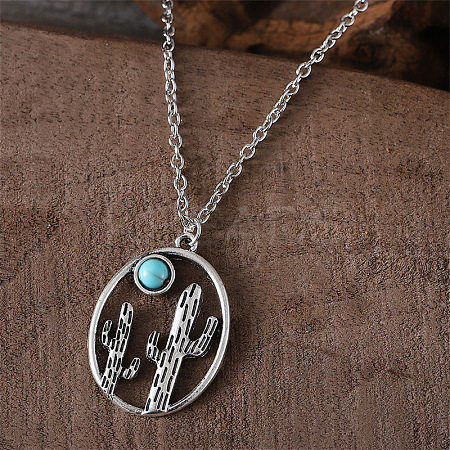 Alloy with Synthetic Turquoise Oval with Cactus Pendant Necklaces FS-WG3DEAB-03-1