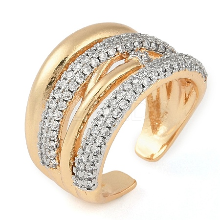 Brass Micro Pave Clear Cubic Zirconia Multi-layer Open Cuff Ring for Women RJEW-Q819-19G-1