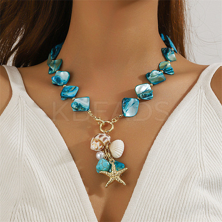 Alloy & Plastic Pearl & Natural Shell Pendant Necklaces FS-WG9F39A-08-1