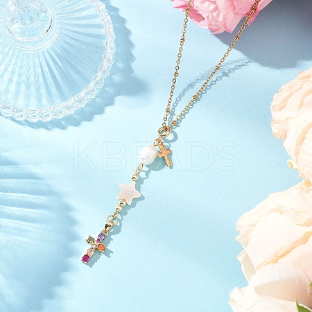 Natural Cultured Freshwater Pearl & Freshwater Shell Star & Brass Pave Colorful Cubic Zirconia Cross Pendant 304 Stainless Steel Cable Chain Y Necklaces NJEW-JN05365-1