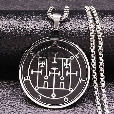 201 Stainless Steel Black Enamel Flat Round Sigil Pendant Necklaces LS-NJEW-H065-03P-1