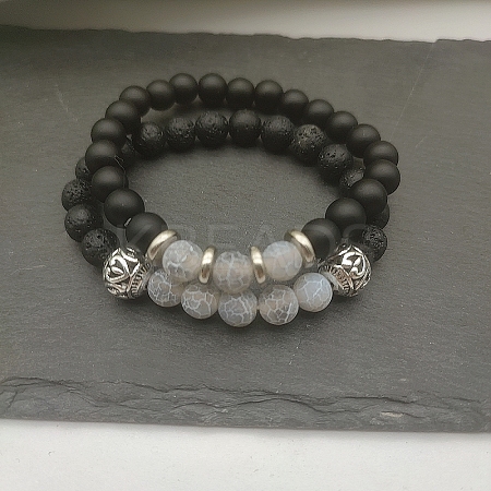 Natural Lava Rock & Frosted Stone Round Beads Stretch Bracelet Set Women DF9720-8-1
