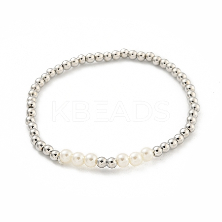 Brass & ABS Plastic Imitation Pearl Round Beaded Stretch Bracelets for Women BJEW-G704-02P-1