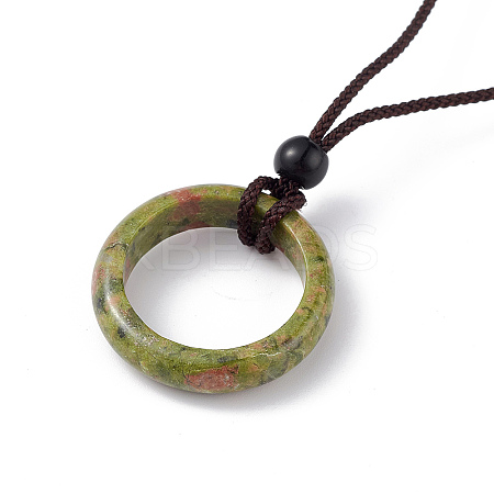 Natural Unakite Ring Pendant Necklace with Nylon Cord for Women NJEW-F306-02G-1